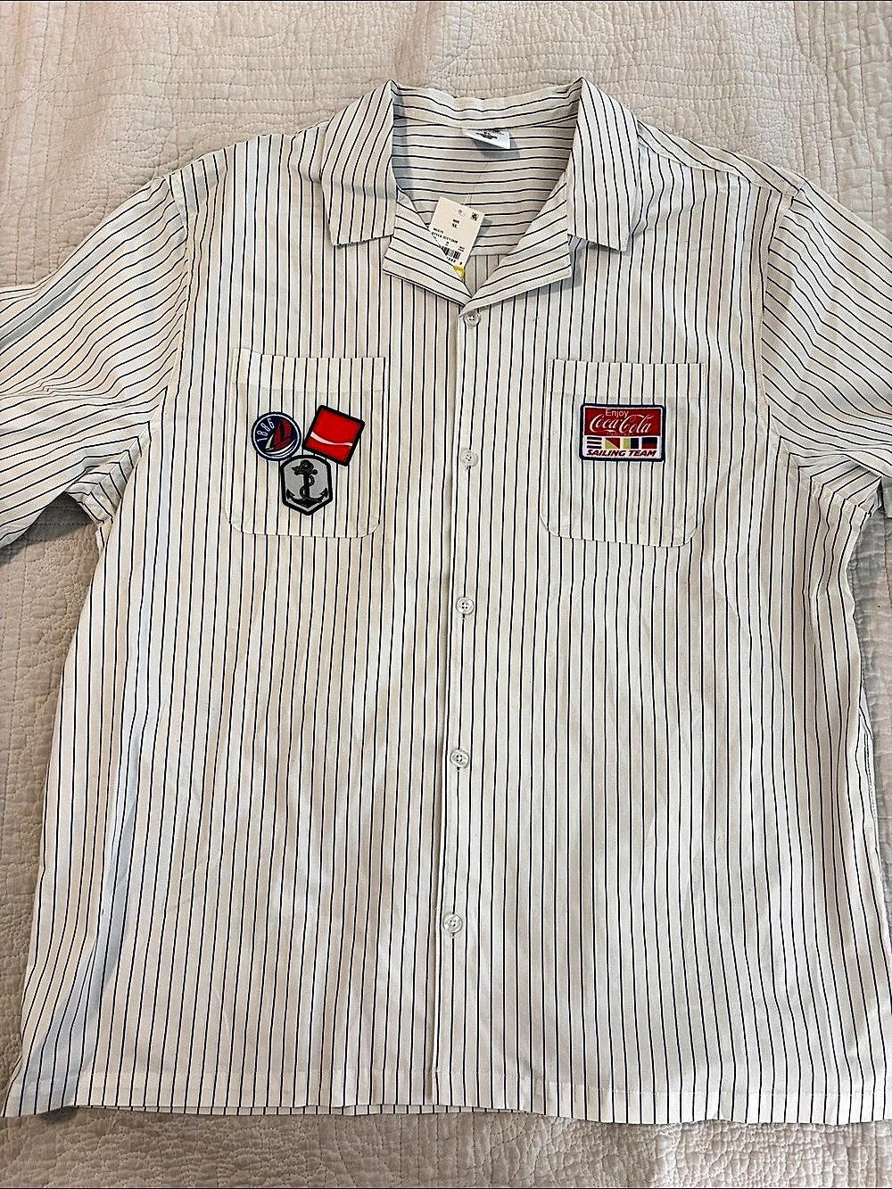 Coca-Cola Sailing Team Striped Button Down Shirt in White & Blue XL NWT